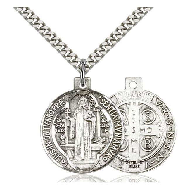 Sterling Silver Saint Benedict Key Medal Reversible Charm Pendant Necklace 