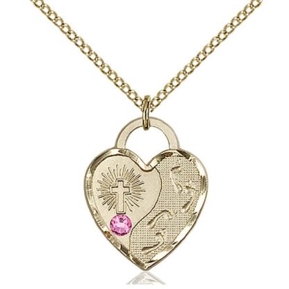 Jesus Footsteps Heart Pendant with Pink Swarovski Crystal