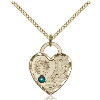 Jesus Footsteps Gold Heart Pendant with Emerald Swarovski Crystal