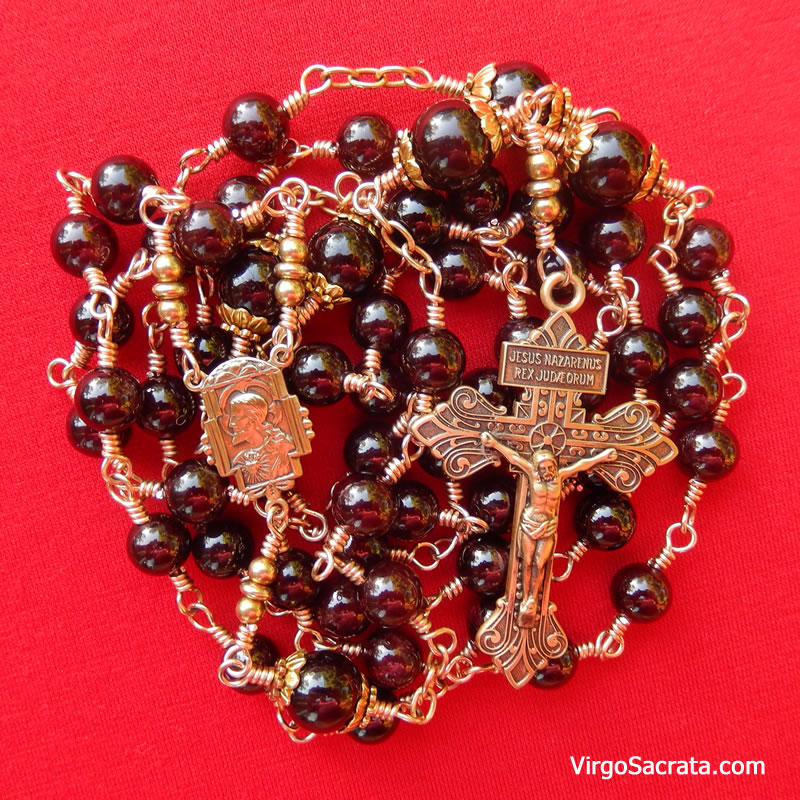 High Quality Garnet Rosary With Pardon Crucifix Wire-Wrapped in Bronze