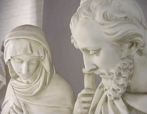 Detailed View of Mary and Joseph in Antique Stone Finish